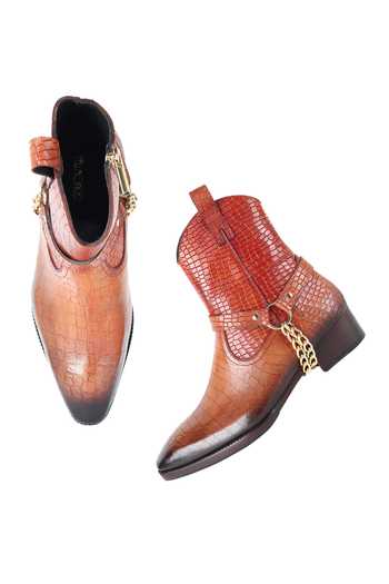 Buy_Fellmonger_Brown Croco Leather Glossed Cowboy Boots _Online_at_Aza_Fashions