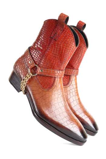 Shop_Fellmonger_Brown Croco Leather Glossed Cowboy Boots _Online_at_Aza_Fashions