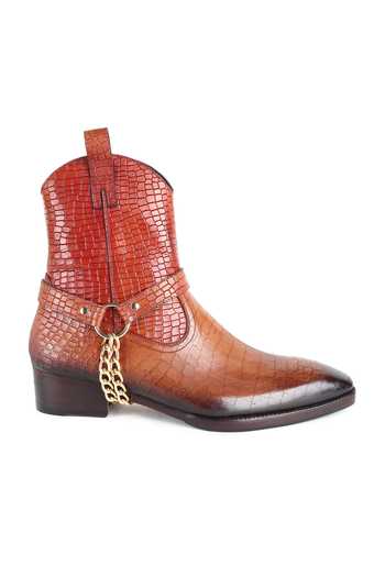 Fellmonger_Brown Croco Leather Glossed Cowboy Boots _at_Aza_Fashions