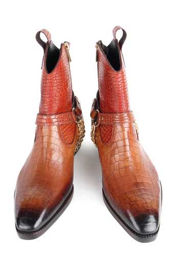Shop_Fellmonger_Brown Croco Leather Glossed Cowboy Boots 