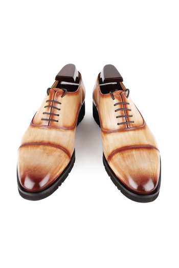 Buy_Fellmonger_Brown Mirror Glossed Leather Handpainted Oxford Shoes 