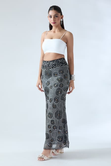 Shop Arpan Vohra Black Tulle Printed Spiral Circular Embroidered Pencil Skirt Online at Aza Fashions Shop_Arpan Vohra_Black Tulle Printed Spiral Circular Embroidered Pencil Skirt _Online_at_Aza_Fashions