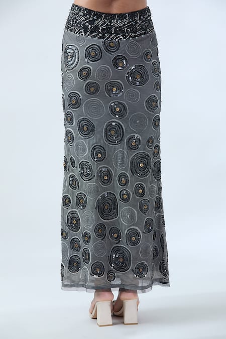 Arpan Vohra Black Tulle Printed Spiral Circular Embroidered Pencil Skirt at Aza Fashions Arpan Vohra_Black Tulle Printed Spiral Circular Embroidered Pencil Skirt _at_Aza_Fashions