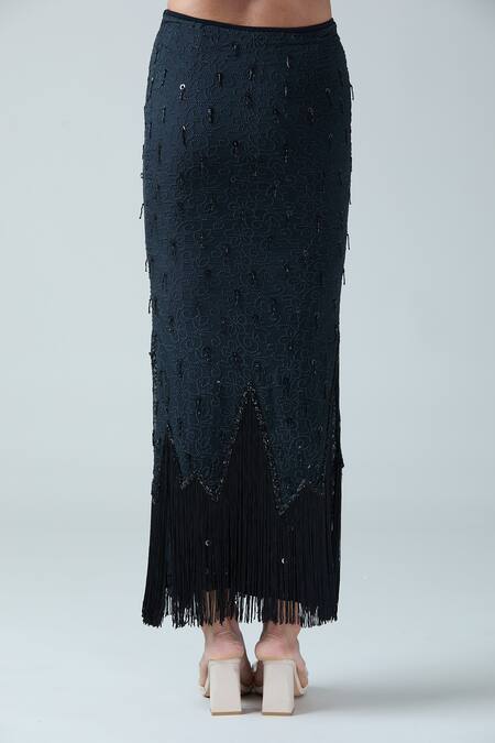 Arpan Vohra_Black Georgette Embroidered Circular Metal Pencil Skirt_Online_at_Aza_Fashions