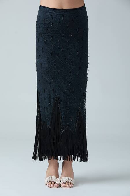 Arpan Vohra_Black Georgette Embroidered Circular Metal Pencil Skirt_at_Aza_Fashions