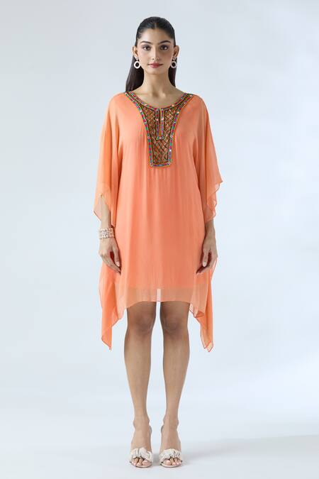 Arpan Vohra_Coral Georgette Embroidered Mirror Scoop Asymmetric Kaftan _Online_at_Aza_Fashions