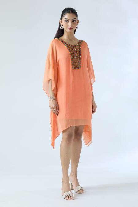 Buy_Arpan Vohra_Coral Georgette Embroidered Mirror Scoop Asymmetric Kaftan _Online_at_Aza_Fashions