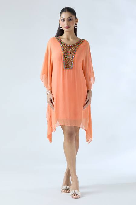 Shop_Arpan Vohra_Coral Georgette Embroidered Mirror Scoop Asymmetric Kaftan _Online_at_Aza_Fashions