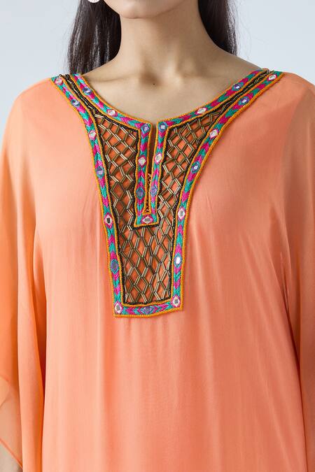 Arpan Vohra_Coral Georgette Embroidered Mirror Scoop Asymmetric Kaftan _at_Aza_Fashions