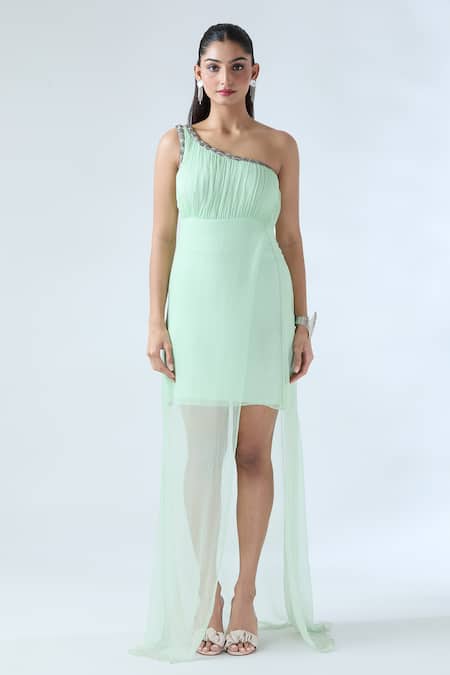 Arpan Vohra Green Georgette Embroidered Cutdana One Shoulder Gathered Yoke Dress Online at Aza Fashions Arpan Vohra_Green Georgette Embroidered Cutdana One Shoulder Gathered Yoke Dress _Online_at_Aza_Fashions
