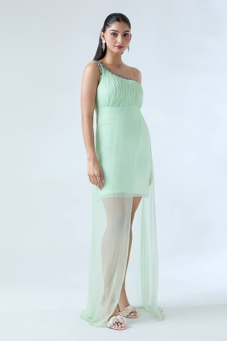 Buy Arpan Vohra Green Georgette Embroidered Cutdana One Shoulder Gathered Yoke Dress Online at Aza Fashions Buy_Arpan Vohra_Green Georgette Embroidered Cutdana One Shoulder Gathered Yoke Dress _Online_at_Aza_Fashions