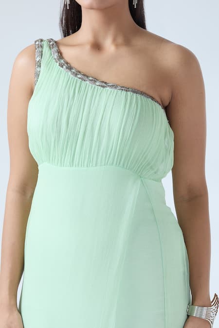 Arpan Vohra Green Georgette Embroidered Cutdana One Shoulder Gathered Yoke Dress at Aza Fashions Arpan Vohra_Green Georgette Embroidered Cutdana One Shoulder Gathered Yoke Dress _at_Aza_Fashions