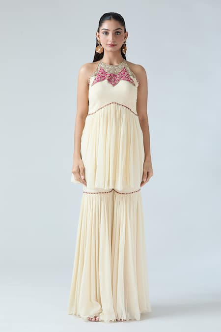 Arpan Vohra_Pink Georgette Embroidery, Beads Halter Neck Peplum Kurta Sharara Set _Online_at_Aza_Fashions