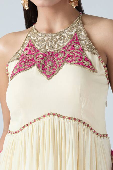 Shop_Arpan Vohra_Pink Georgette Embroidery, Beads Halter Neck Peplum Kurta Sharara Set _Online_at_Aza_Fashions