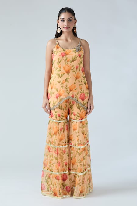 Arpan Vohra_Orange Georgette Gota Patti Round Neck Floral Print Kurta And Sharara Set _Online_at_Aza_Fashions
