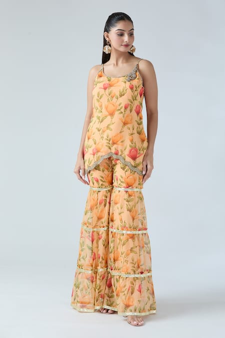 Buy_Arpan Vohra_Orange Georgette Gota Patti Round Neck Floral Print Kurta And Sharara Set _Online_at_Aza_Fashions