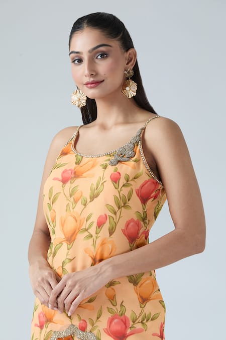 Shop_Arpan Vohra_Orange Georgette Gota Patti Round Neck Floral Print Kurta And Sharara Set _Online_at_Aza_Fashions