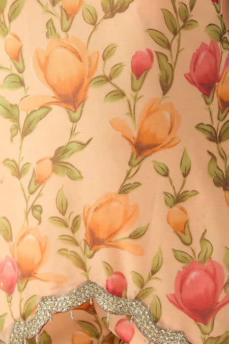 Arpan Vohra_Orange Georgette Gota Patti Round Neck Floral Print Kurta And Sharara Set _at_Aza_Fashions