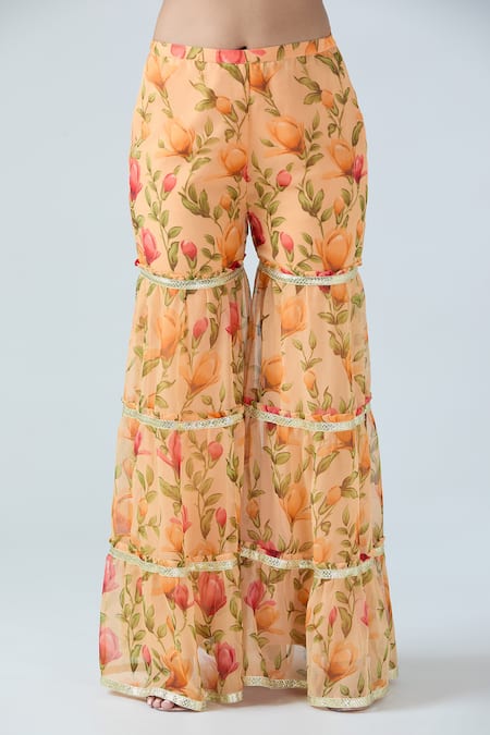 Buy_Arpan Vohra_Orange Georgette Gota Patti Round Neck Floral Print Kurta And Sharara Set 