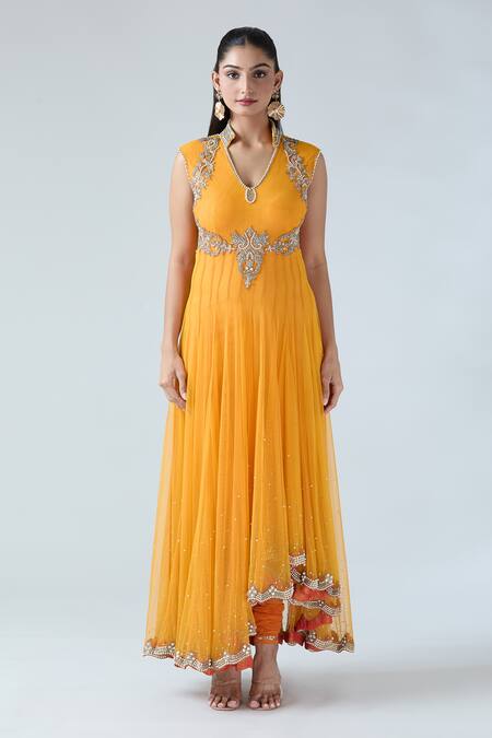 Arpan Vohra_Yellow Tulle Beads, Sequins V-neck, Mandarin Embroidered Asymmetric Anarkali Set _Online_at_Aza_Fashions