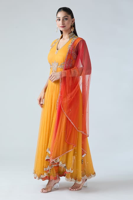 Shop_Arpan Vohra_Yellow Tulle Beads, Sequins V-neck, Mandarin Embroidered Asymmetric Anarkali Set _Online_at_Aza_Fashions