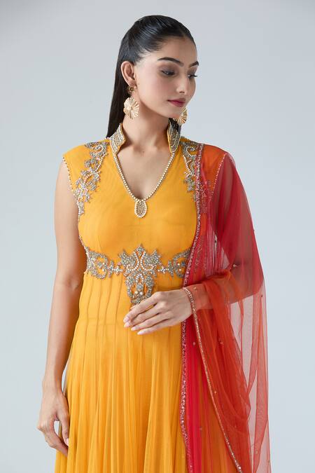 Arpan Vohra_Yellow Tulle Beads, Sequins V-neck, Mandarin Embroidered Asymmetric Anarkali Set _at_Aza_Fashions