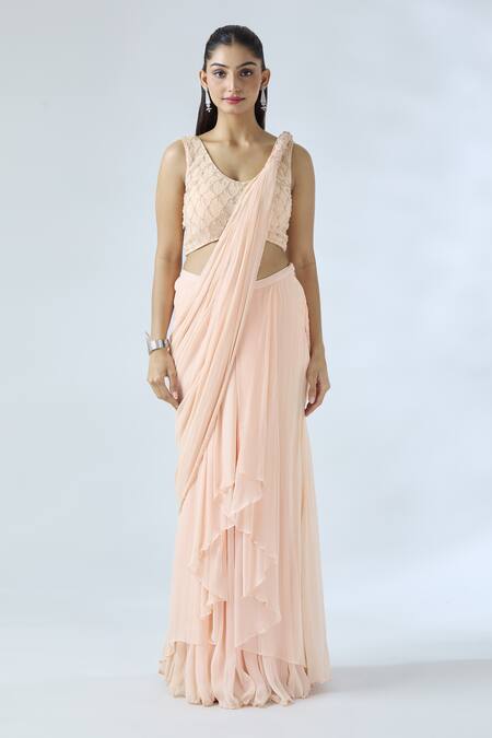 Arpan Vohra_Peach Georgette Pearls Round Embroidered Pre-draped Ruffle Saree With Blouse _Online_at_Aza_Fashions