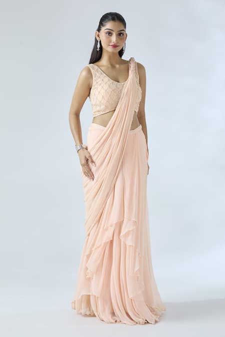 Buy_Arpan Vohra_Peach Georgette Pearls Round Embroidered Pre-draped Ruffle Saree With Blouse _Online_at_Aza_Fashions