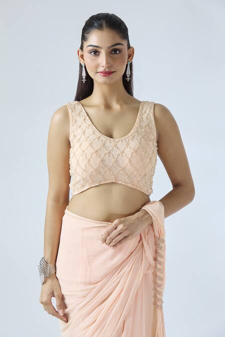 Arpan Vohra_Peach Georgette Pearls Round Embroidered Pre-draped Ruffle Saree With Blouse _at_Aza_Fashions