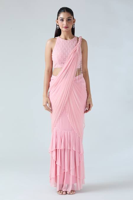 Arpan Vohra_Pink Georgette Beads Round Neck Embroidered Pre-draped Saree With Blouse _Online_at_Aza_Fashions
