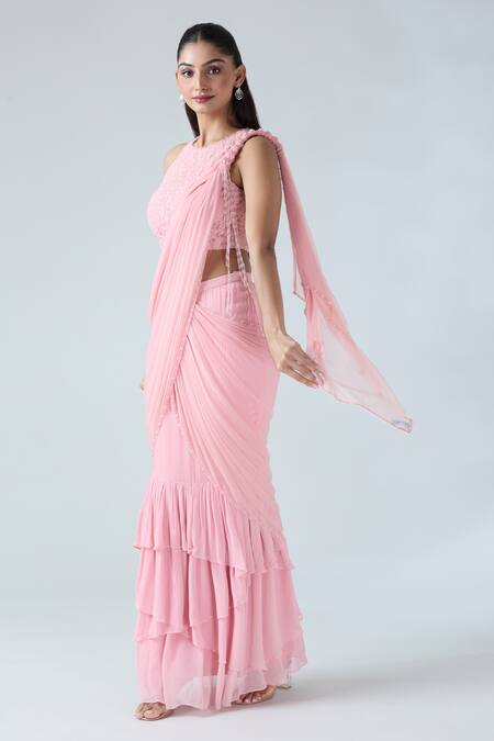 Buy_Arpan Vohra_Pink Georgette Beads Round Neck Embroidered Pre-draped Saree With Blouse _Online_at_Aza_Fashions