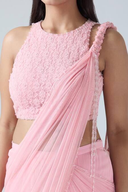 Shop_Arpan Vohra_Pink Georgette Beads Round Neck Embroidered Pre-draped Saree With Blouse _Online_at_Aza_Fashions