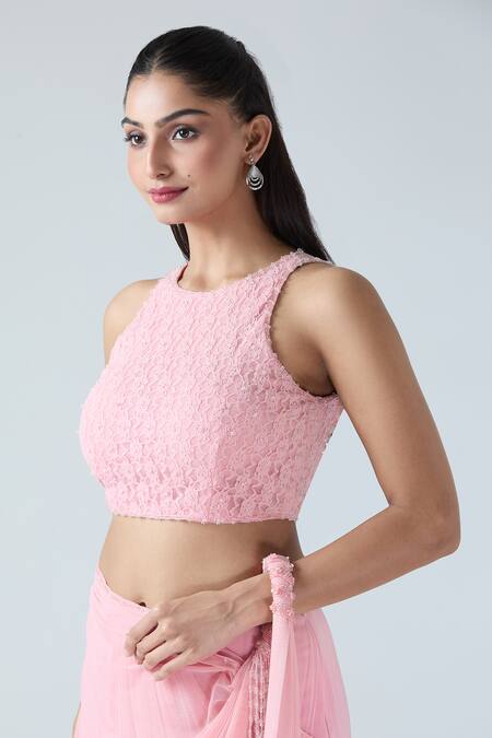 Arpan Vohra_Pink Georgette Beads Round Neck Embroidered Pre-draped Saree With Blouse _at_Aza_Fashions