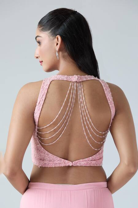 Buy_Arpan Vohra_Pink Georgette Beads Round Neck Embroidered Pre-draped Saree With Blouse 