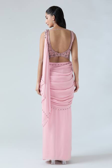 Shop Arpan Vohra Pink Georgette Embroidery, Sequins Scoop Neck Pre-draped Saree With Blouse at Aza Fashions Shop_Arpan Vohra_Pink Georgette Embroidery, Sequins Scoop Neck Pre-draped Saree With Blouse_at_Aza_Fashions