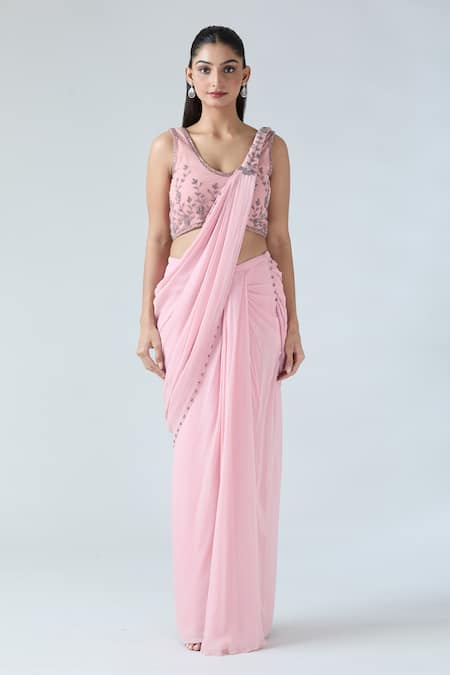 Arpan Vohra Pink Georgette Embroidery, Sequins Scoop Neck Pre-draped Saree With Blouse Online at Aza Fashions Arpan Vohra_Pink Georgette Embroidery, Sequins Scoop Neck Pre-draped Saree With Blouse_Online_at_Aza_Fashions
