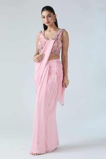 Buy Arpan Vohra Pink Georgette Embroidery, Sequins Scoop Neck Pre-draped Saree With Blouse Online at Aza Fashions Buy_Arpan Vohra_Pink Georgette Embroidery, Sequins Scoop Neck Pre-draped Saree With Blouse_Online_at_Aza_Fashions