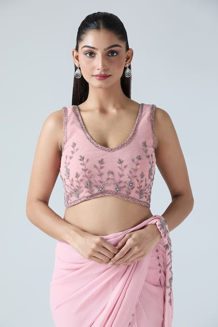 Arpan Vohra Pink Georgette Embroidery, Sequins Scoop Neck Pre-draped Saree With Blouse at Aza Fashions Arpan Vohra_Pink Georgette Embroidery, Sequins Scoop Neck Pre-draped Saree With Blouse_at_Aza_Fashions