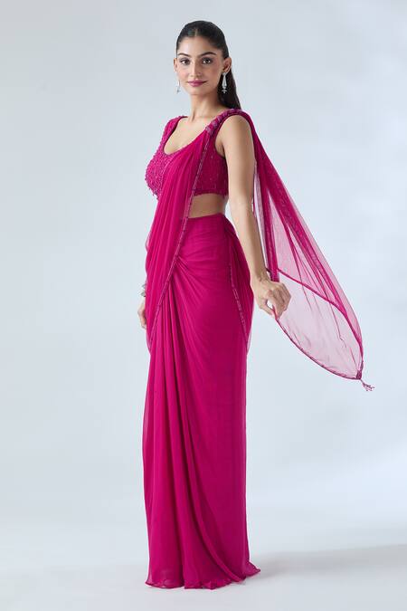 Arpan Vohra Fuchsia Georgette Beads Scoop Glass Embroidered Pre-draped Saree With Blouse Online at Aza Fashions Arpan Vohra_Fuchsia Georgette Beads Scoop Glass Embroidered Pre-draped Saree With Blouse _Online_at_Aza_Fashions