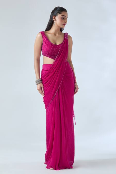 Buy Arpan Vohra Fuchsia Georgette Beads Scoop Glass Embroidered Pre-draped Saree With Blouse Online at Aza Fashions Buy_Arpan Vohra_Fuchsia Georgette Beads Scoop Glass Embroidered Pre-draped Saree With Blouse _Online_at_Aza_Fashions