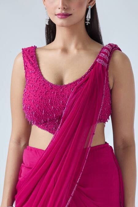 Shop Arpan Vohra Fuchsia Georgette Beads Scoop Glass Embroidered Pre-draped Saree With Blouse Online at Aza Fashions Shop_Arpan Vohra_Fuchsia Georgette Beads Scoop Glass Embroidered Pre-draped Saree With Blouse _Online_at_Aza_Fashions