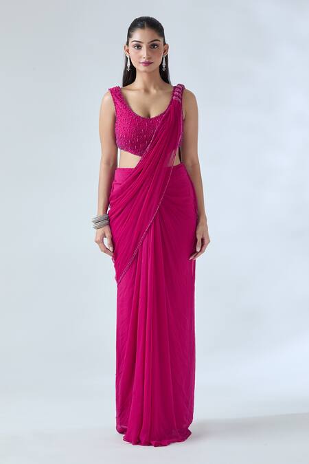 Arpan Vohra Fuchsia Georgette Beads Scoop Glass Embroidered Pre-draped Saree With Blouse at Aza Fashions Arpan Vohra_Fuchsia Georgette Beads Scoop Glass Embroidered Pre-draped Saree With Blouse _at_Aza_Fashions