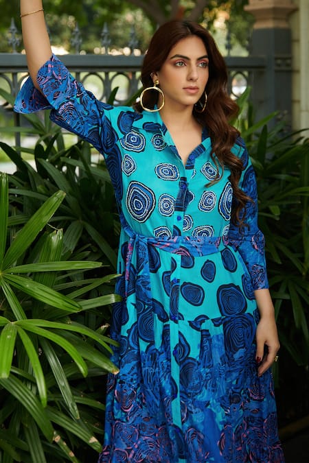 Shop_Cin Cin_Blue 100% Cambric Cotton Printed Abstract Collar Maxi Shirt Dress _Online_at_Aza_Fashions