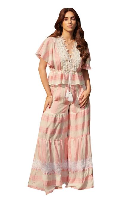 Cin Cin Peach Cotton Beads, Lace V-neck Jacquard Peplum Top With Wide Pant Online at Aza Fashions Cin Cin_Peach Cotton Beads, Lace V-neck Jacquard Peplum Top With Wide Pant _Online_at_Aza_Fashions