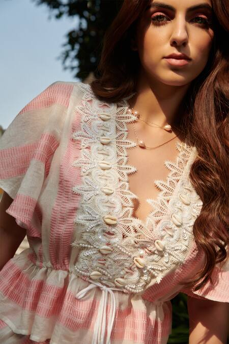 Shop Cin Cin Peach Cotton Beads, Lace V-neck Jacquard Peplum Top With Wide Pant Online at Aza Fashions Shop_Cin Cin_Peach Cotton Beads, Lace V-neck Jacquard Peplum Top With Wide Pant _Online_at_Aza_Fashions