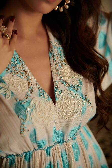 Cin Cin White Cotton Beads V-neck Jacquard Woven Tier Maxi Dress at Aza Fashions Cin Cin_White Cotton Beads V-neck Jacquard Woven Tier Maxi Dress _at_Aza_Fashions