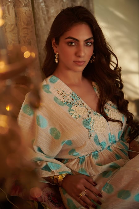 Buy Cin Cin White Cotton Beads V-neck Jacquard Woven Tier Maxi Dress Buy_Cin Cin_White Cotton Beads V-neck Jacquard Woven Tier Maxi Dress