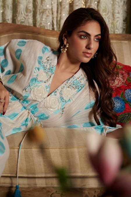 Shop Cin Cin White Cotton Beads V-neck Jacquard Woven Tier Maxi Dress Shop_Cin Cin_White Cotton Beads V-neck Jacquard Woven Tier Maxi Dress