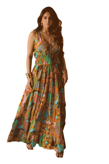 Cin Cin_Multi Color Cotton V-neck Abstract Ornamental Print Maxi Dress_Online_at_Aza_Fashions