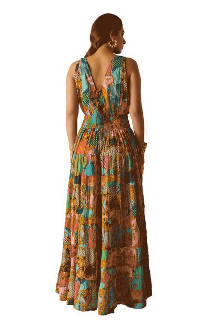 Shop_Cin Cin_Multi Color Cotton V-neck Abstract Ornamental Print Maxi Dress_Online_at_Aza_Fashions